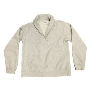 Vintage Sweatshirt Large Womens Gray Pullover Roll Collar Kangaroo Pocket Button